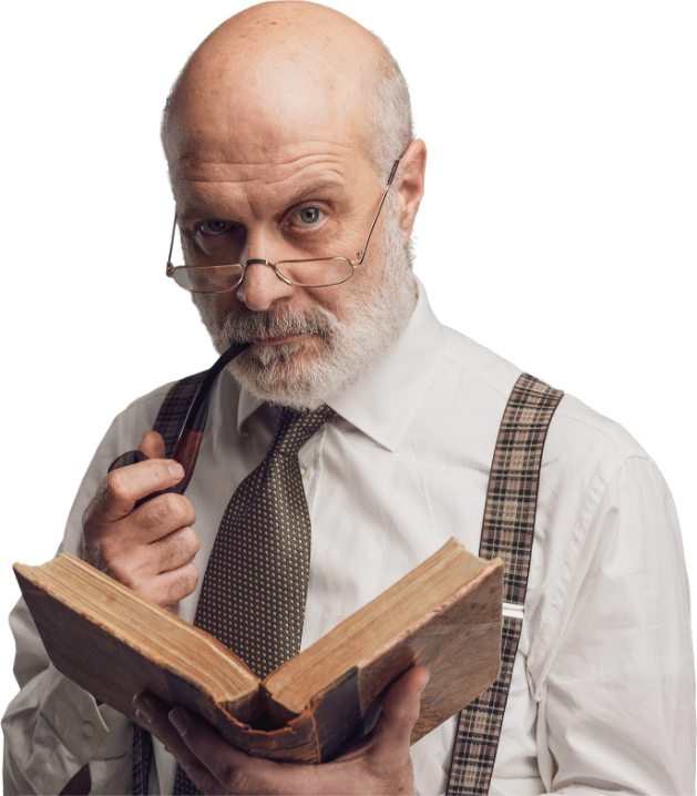 Bald man with glasses, wearing suspenders and a tie, holds an old book and a pipe, looking towards the camera.