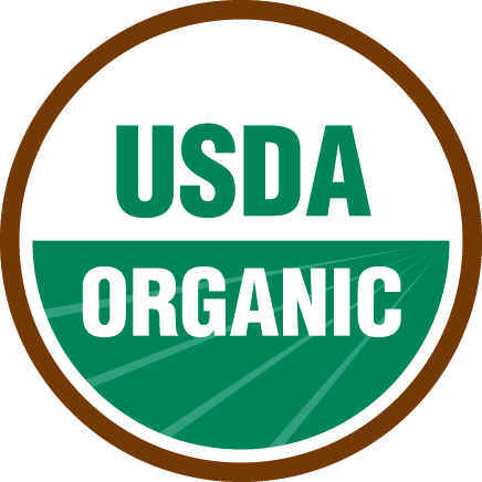 USDA Organic logo with green lettering inside a circular design and brown border.