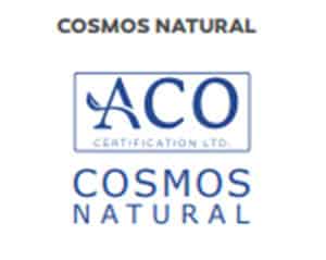 Logo featuring "COSMOS NATURAL" text, with a central emblem reading "ACO Certification Ltd", all in blue text on a white background.