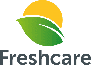 Logo featuring a green leaf and a yellow sun above the word "Freshcare.