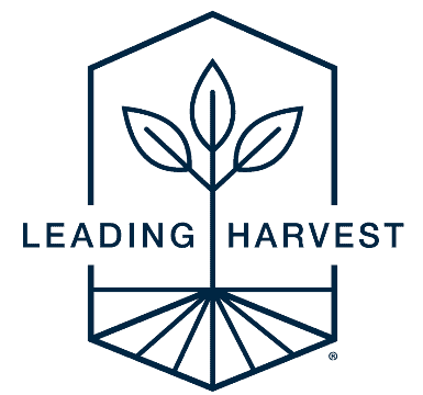 Logo featuring a plant with three leaves inside a hexagon. Below the plant, the text reads "LEADING HARVEST" with roots depicted underneath.