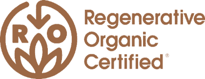 Regenerative Organic Certified logo in light brown, featuring a circular emblem with the letters R and O.