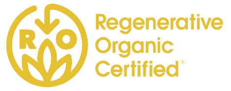 Logo of Regenerative Organic Certified, featuring "ROC" with plant and arrow symbols next to the text "Regenerative Organic Certified" on a yellow background.