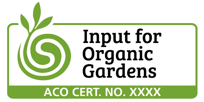 Logo for "Input for Organic Gardens" with green swirl and leaf design. Text reads, "ACO Cert. No. XXXX.
