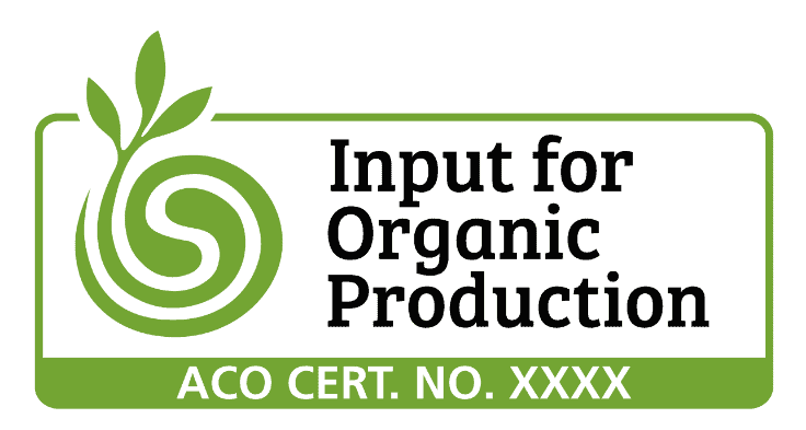 Logo with green leaf design, text "Input for Organic Production," and "ACO Cert. No. XXXX.