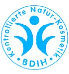 Blue logo with the text "Kontrollierte Natur-Kosmetik BDIH" around a stylized human figure.