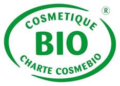 Green text logo reads "Cosmetique BIO Charte Cosmebio" inside a green oval border.