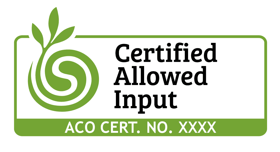 Green emblem with spiral leaf design. Text reads: "Certified Allowed Input" above "ACO Cert. No. XXXX.